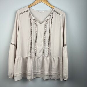Pleione‎ Beige Crochet Trim Tiered Peasant Blouse Women Long Sleeve V Neck
